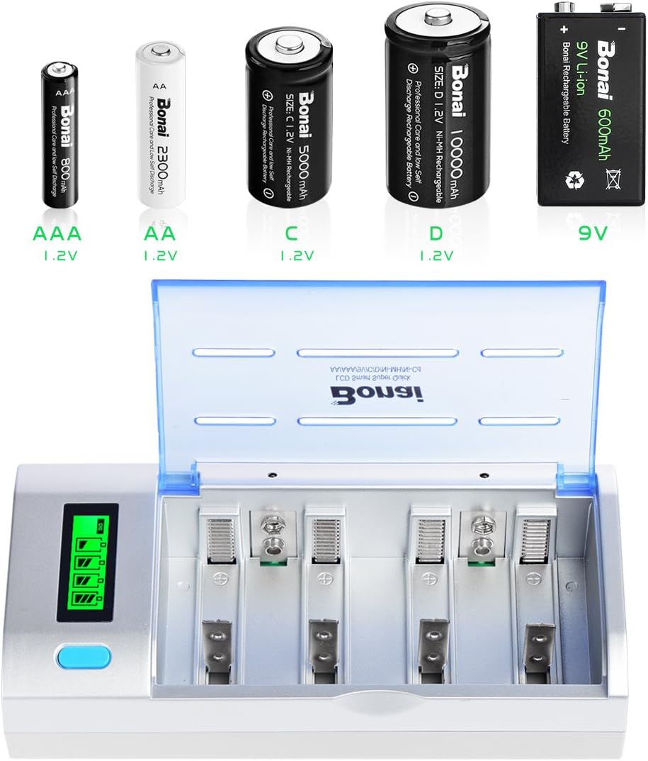 BONAI Rechargeable D Batteries with Charger LCD Smart Battery Charger for C D AA AAA 9V Ni-MH Ni-CD Rechargeable Batteries with 10000mAh Rechargeable D Cells (4 Counts) Pack of 2