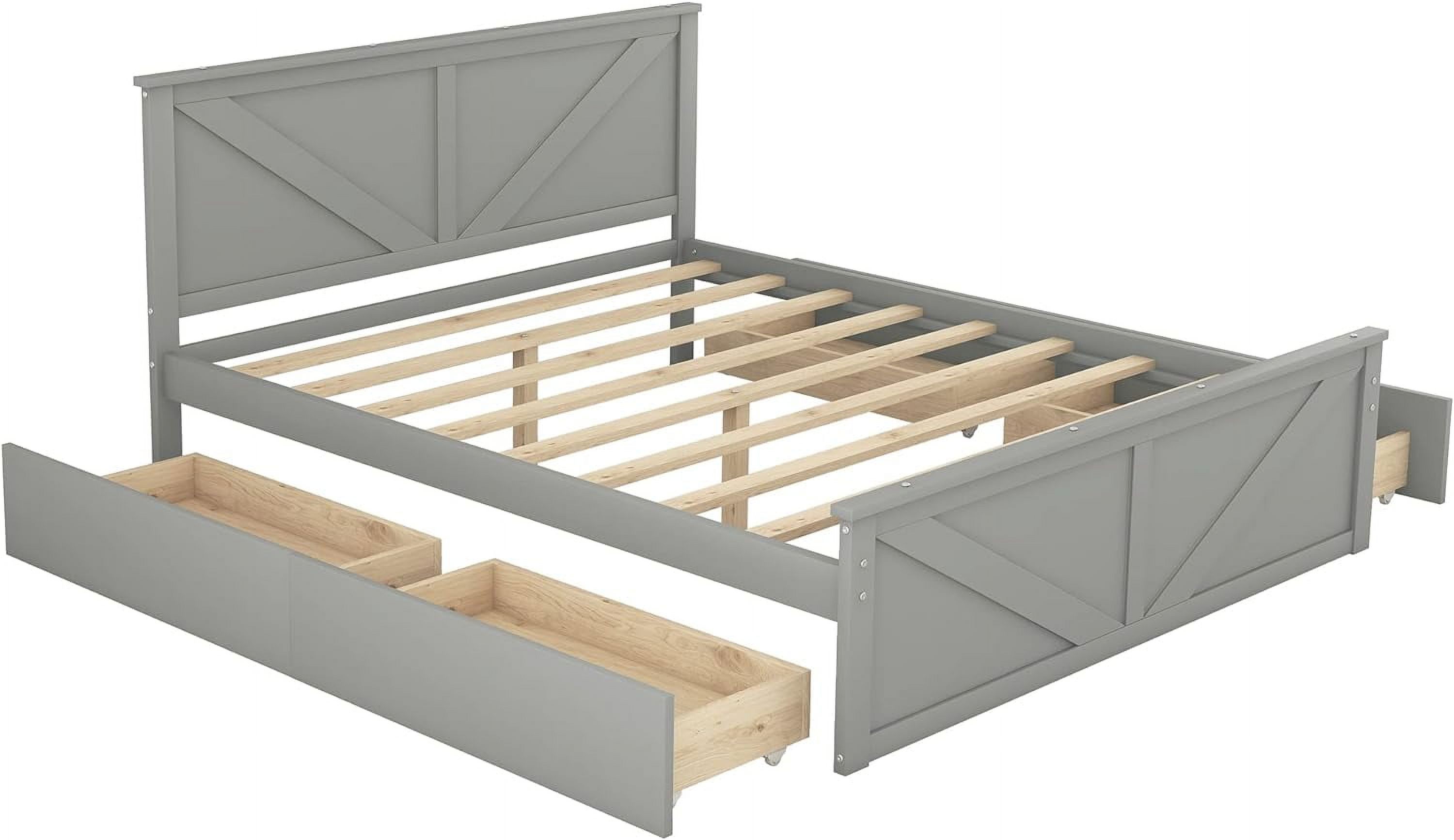 Queen Bed Frame With 4 Storage Drawers Wood Platform Bed With Headboard And Footboard Panel Beds With Slats For Boys, Girls, Kids, Teens, Gray