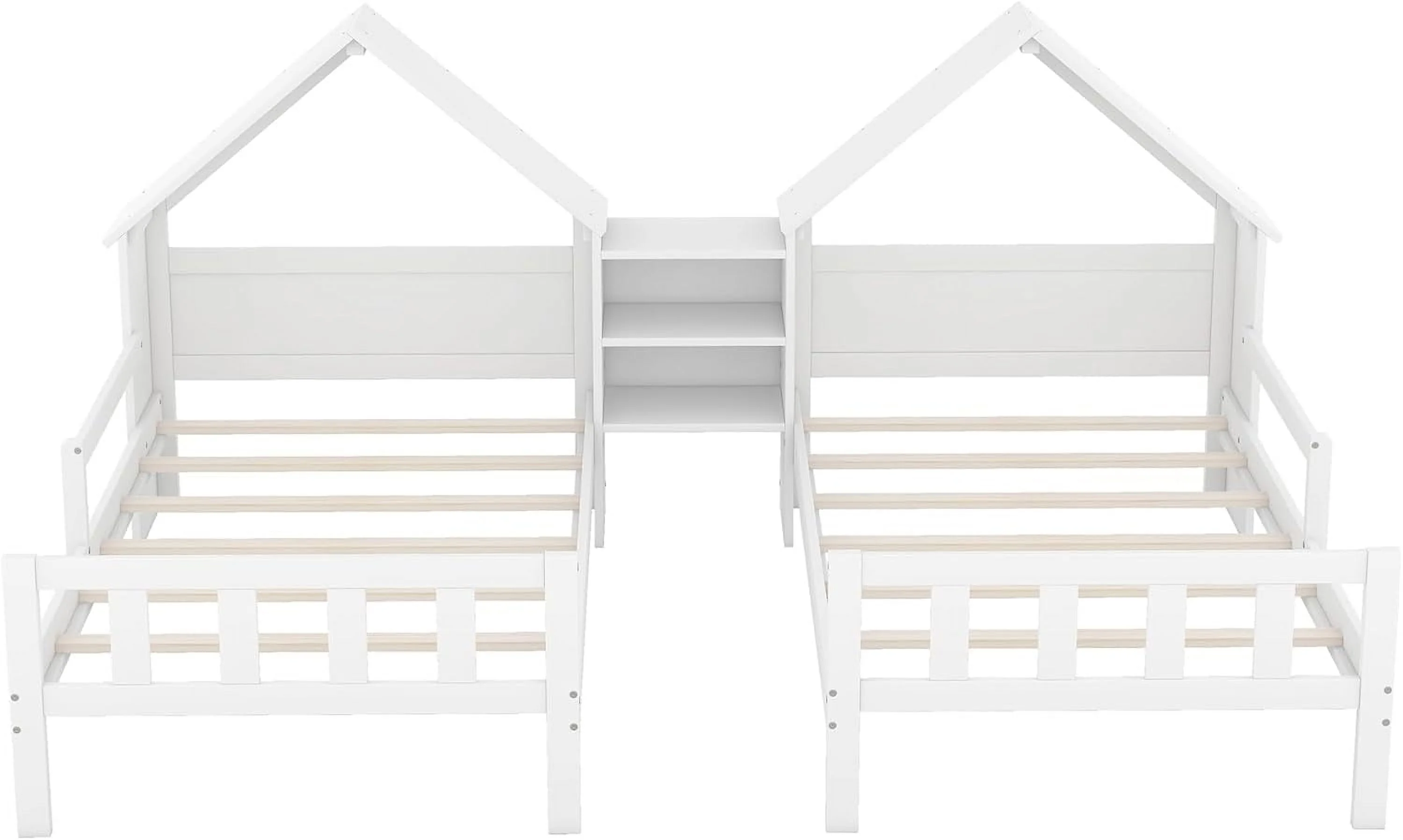 Double Bed Frames For Kids,Wood Double House Bed With House-Shaped Headboard And A Built-In Nightstand, Side By Side Montessori Bed For Kids Girls Boys,White