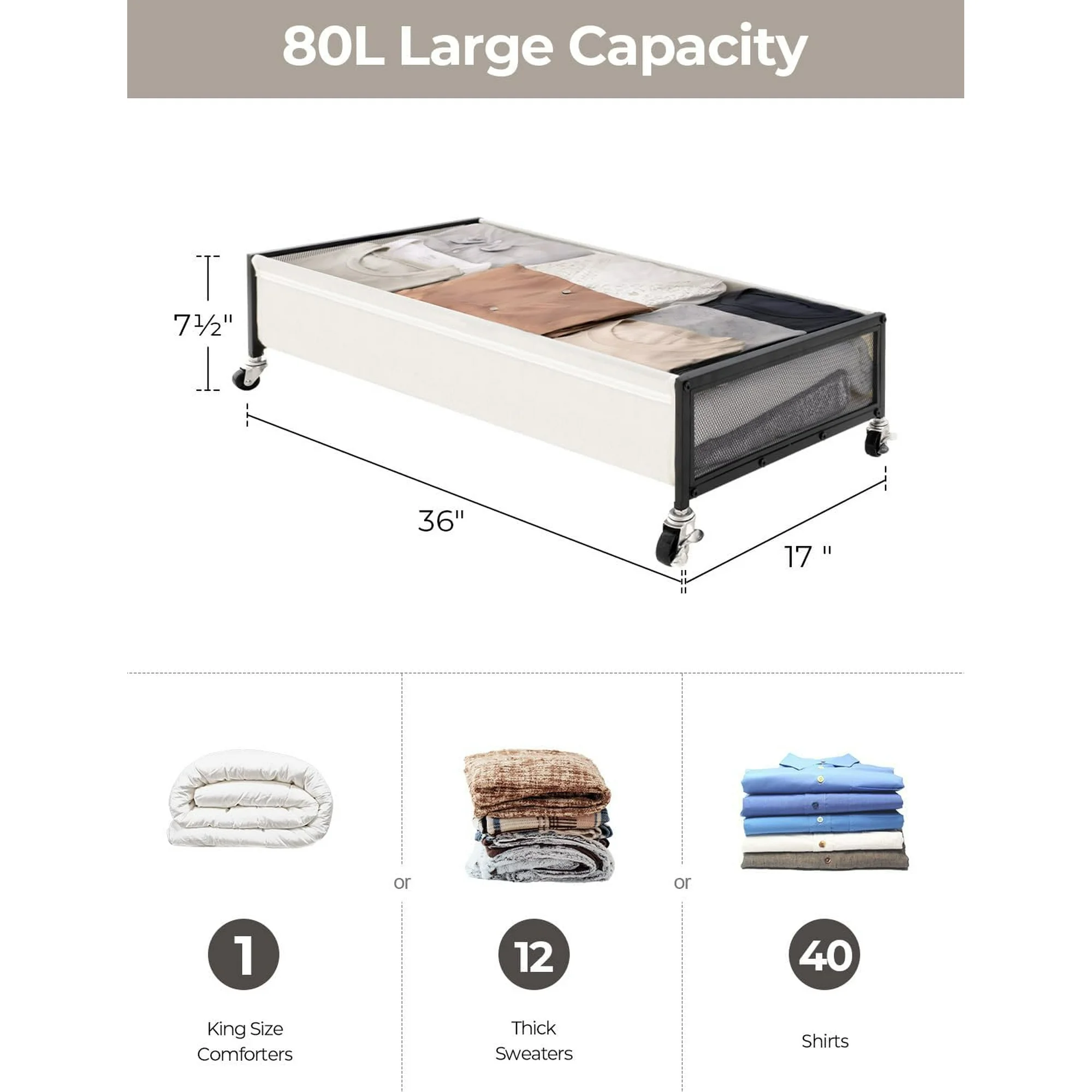 Under Bed Storage with Wheels, 2-Pack Metal Underbed Storage Containers, 80L Closet Organizer Bins for Clothes, Blankets, Sweaters