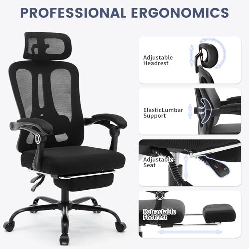 Ergonomic Office Chair with Footrest, Ergonomic Desk Chair with Adjustable Lumbar Support, High Back Mesh Office Chair with Headrest, Executive Office Computer Chair 360 Swivel Task Chair Cream