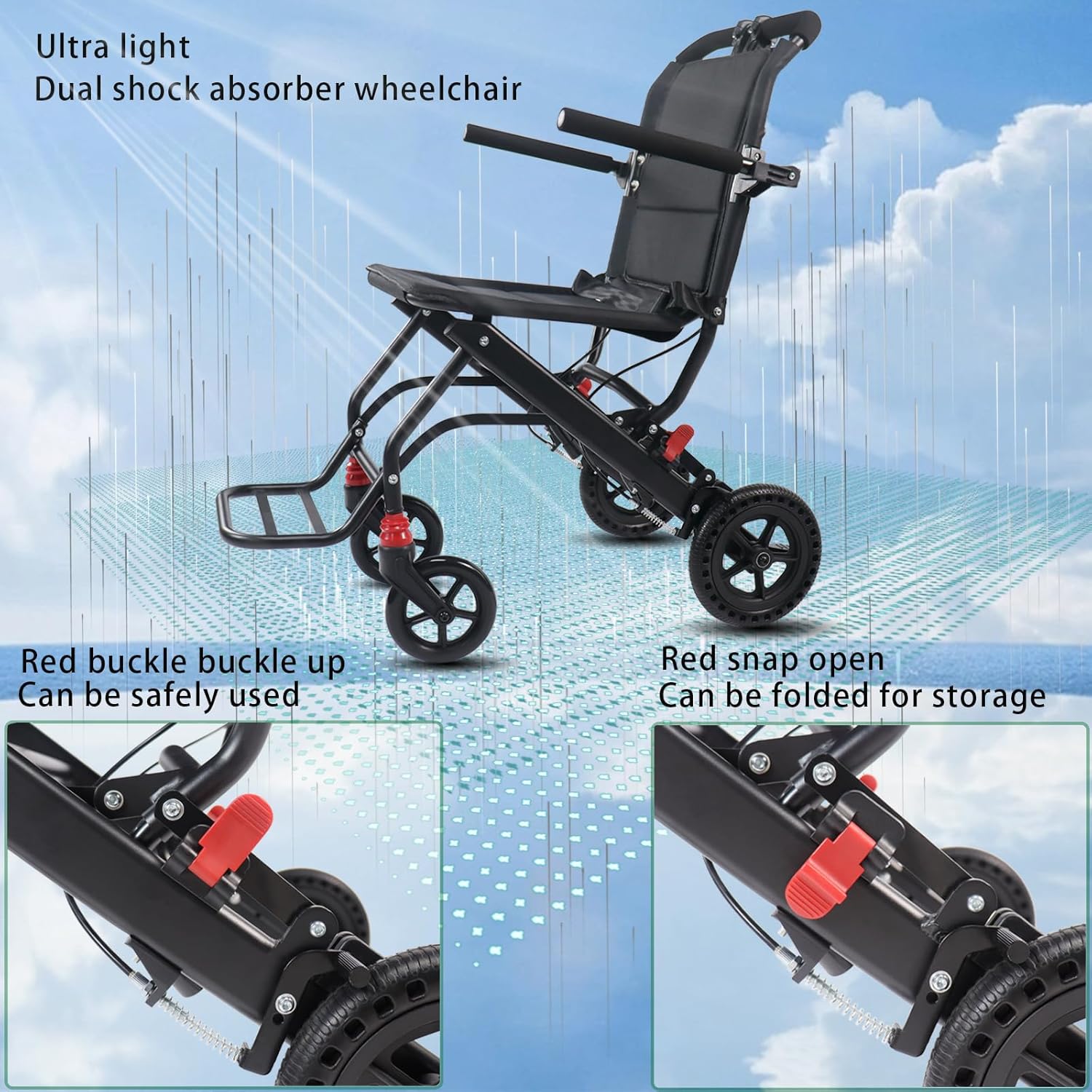 (Only 14lbs) Portable Folding Wheelchair, Travel Wheelchair with handbrake, Ultra-Light Wheelchair for The Elderly and Children (with Bag)