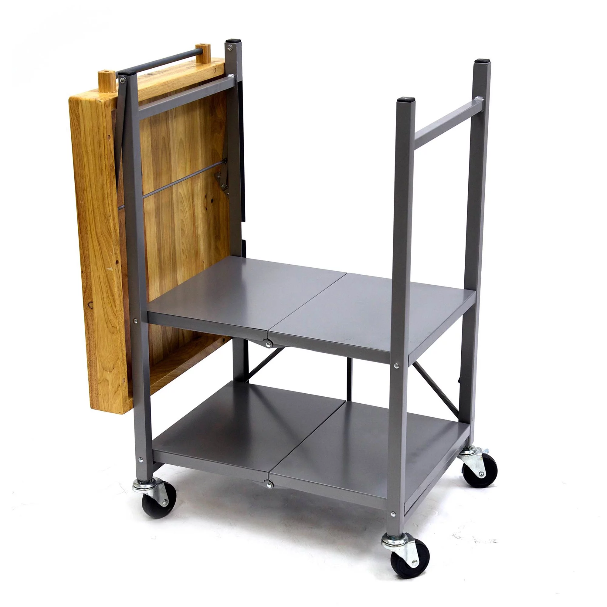 Origami Foldable Wheeled Portable Solid Wood Top Kitchen Island Bar Cart