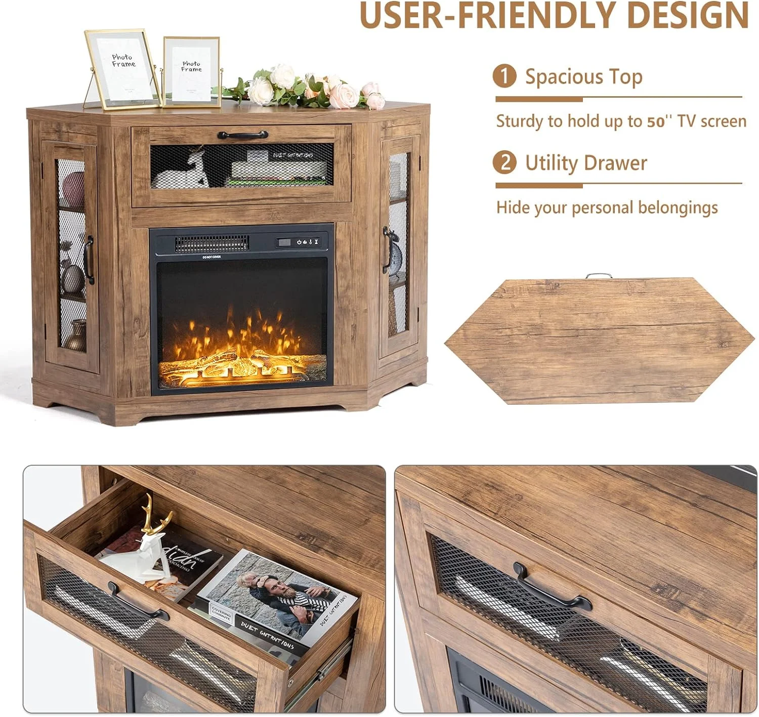 NLIBOOMLife TV Corner Fireplace TV Stand for TVs Up to 50 Inch  Small TV Stand for Bedroom  Living Room  Industrial Metal Mesh Door  Oak Brown