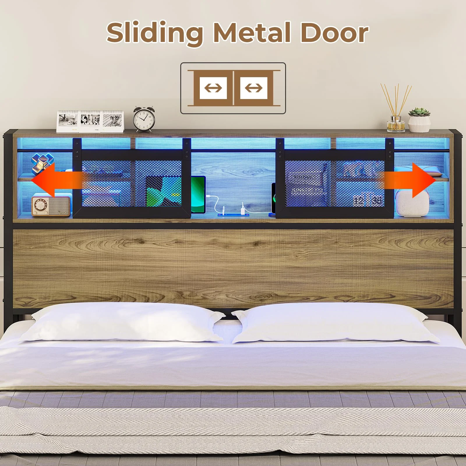 Full Size Metal Platform Bed Frame with 4 Storage Drawers and Charging Station, LED Bed Frame with Storage Headboard, Oak Grey