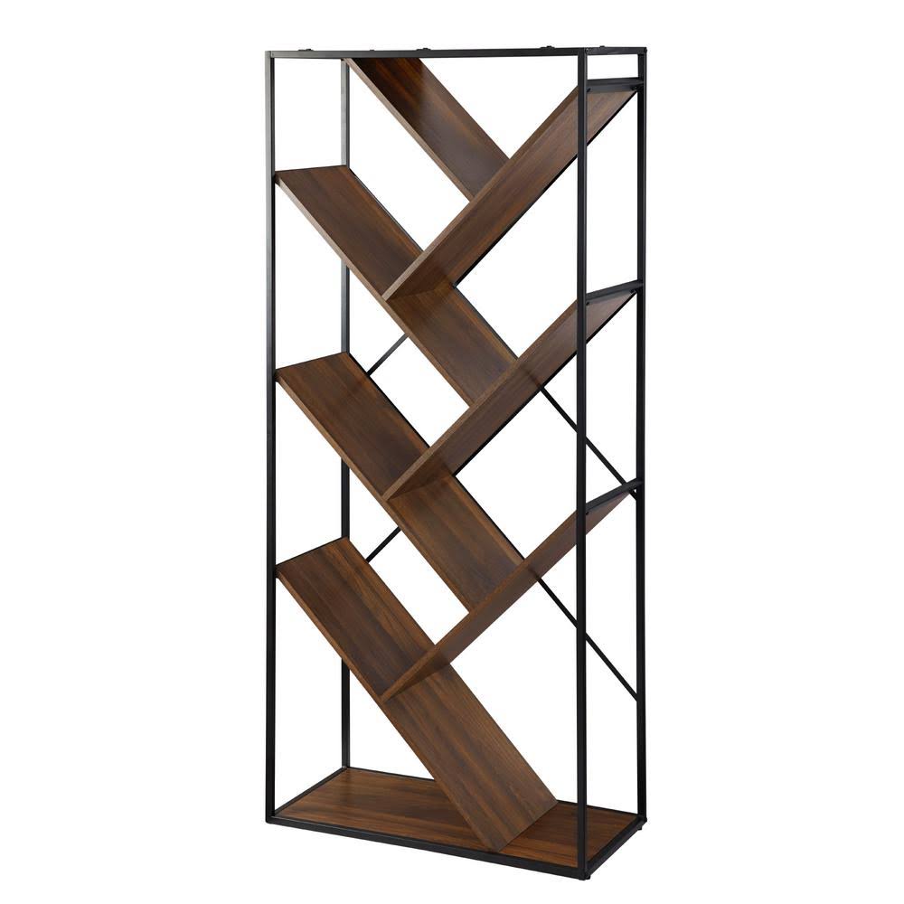 Welwick Designs 68 in. Dark Walnut Wood and Metal 6-Shelf V Bookcase with Angled Shelves