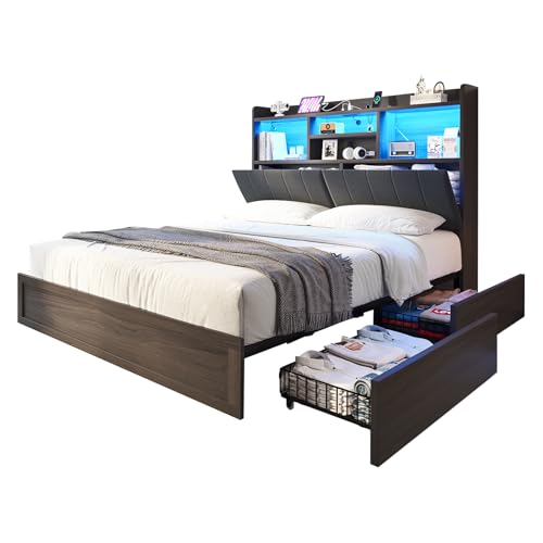 Full Farmhouse Bed Frame with Bookcase Headboard and 4 Drawers, LED Storage Bed with Charging Station & Linen Upholstered, No Box Spring Needed, Black