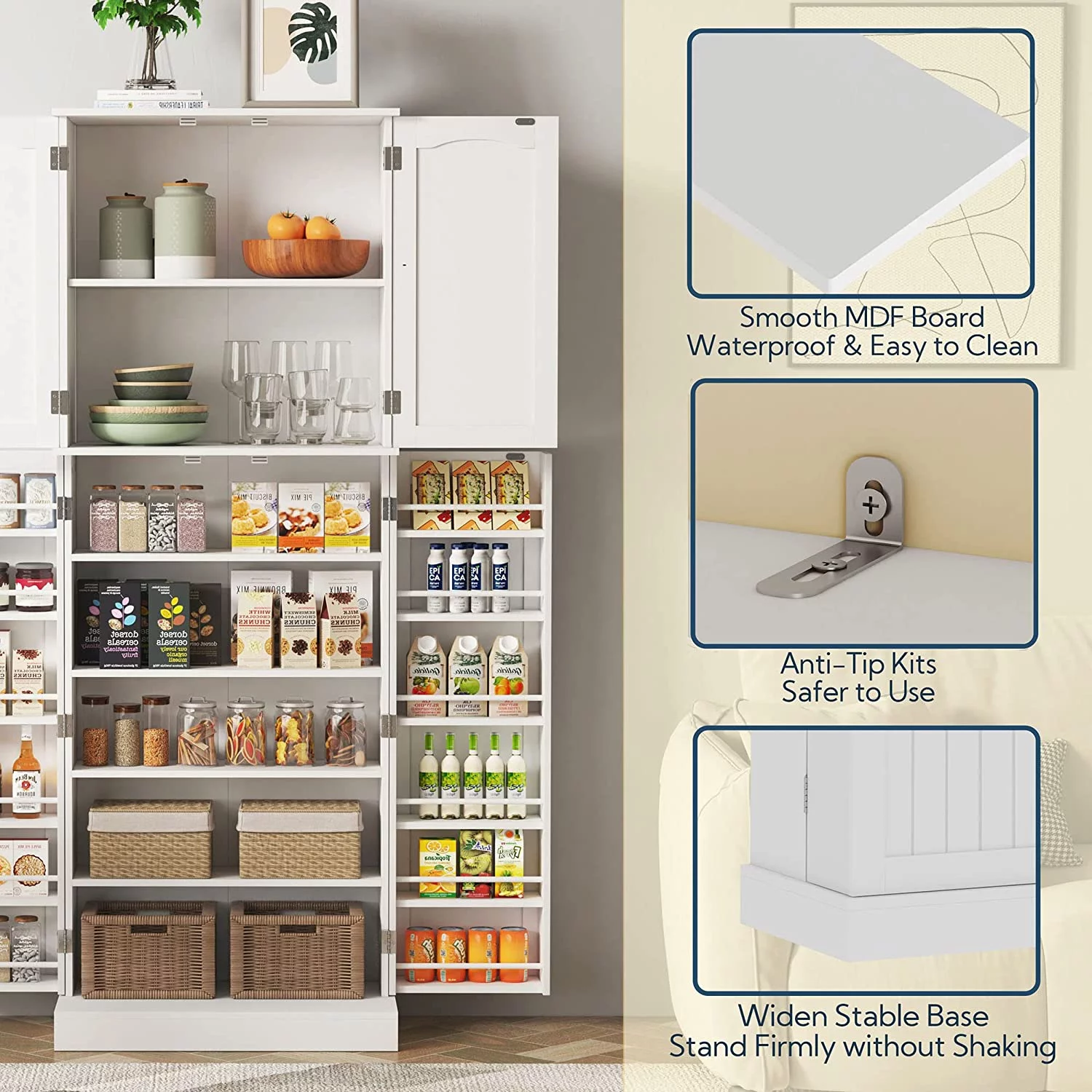 HOMEFORT Tall Kitchen Pantry Storage Cabinet with Doors and Shelves, Wooden Food Pantry Farmhouse Cupboard Freestanding Buffet for Kitchen Dining Living Room, White