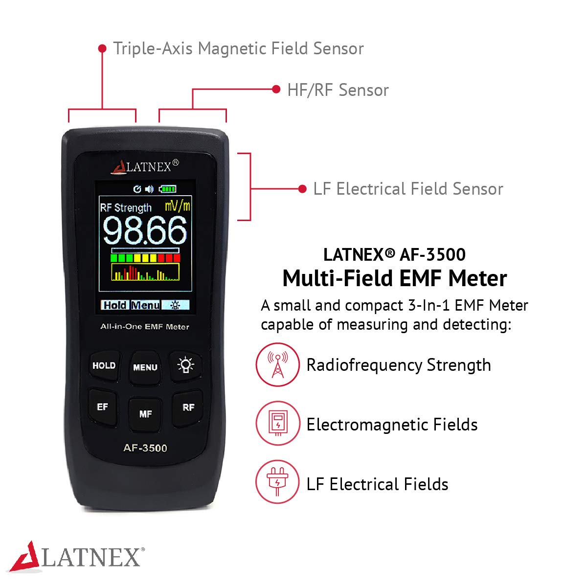 LATNEX AF-3500 EMF Meter RF Detector and Reader with Calibration Certificate - Measures RF and Microwaves, 3-Axis Gauss Magnetic Fields and Electrical Fields ELF
