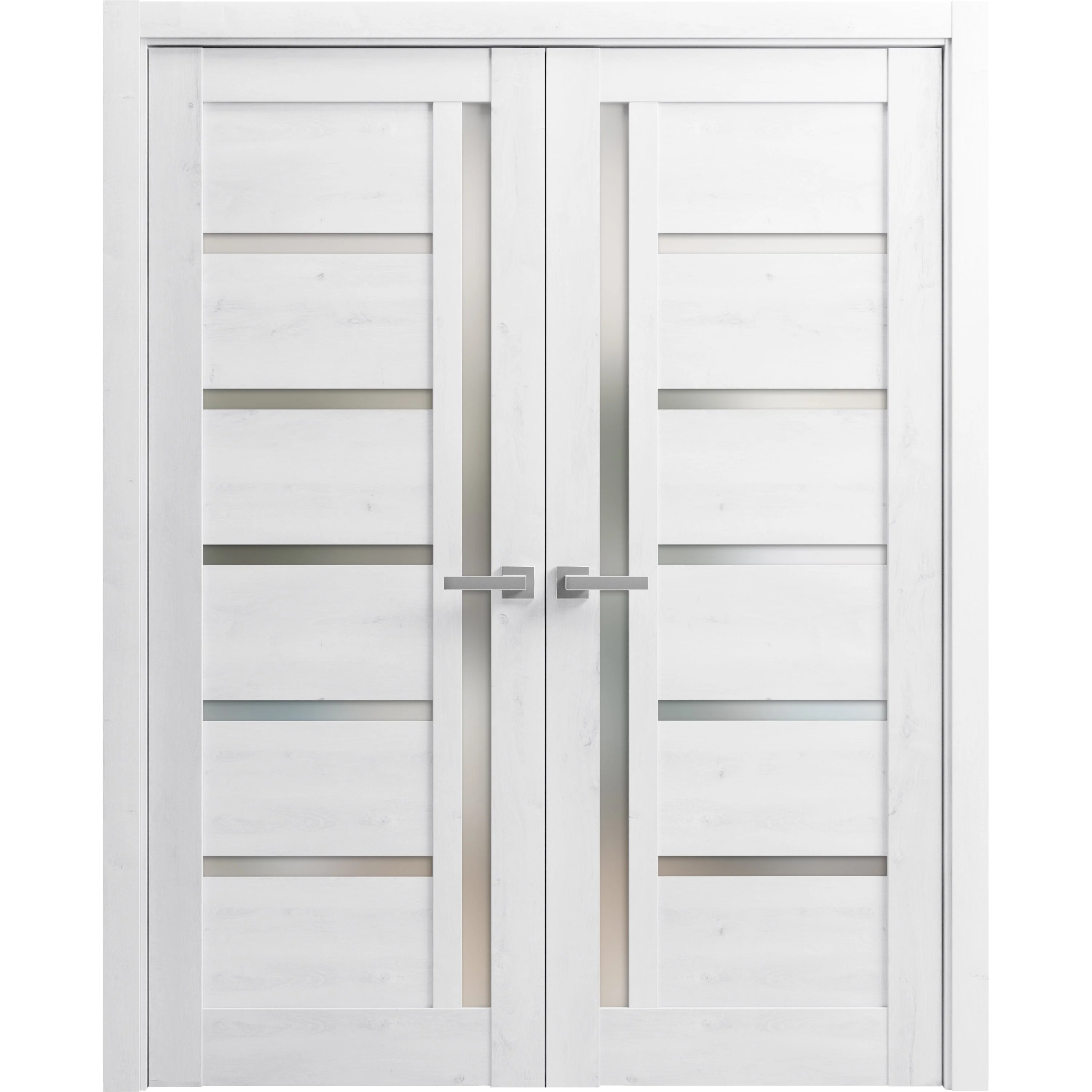 Solid French Double Doors 64 x 96 inches | Quadro 4088 Nordic White with Frosted Glass | Wood Solid Panel Frame Trims | Closet Bedroom Sturdy Doors