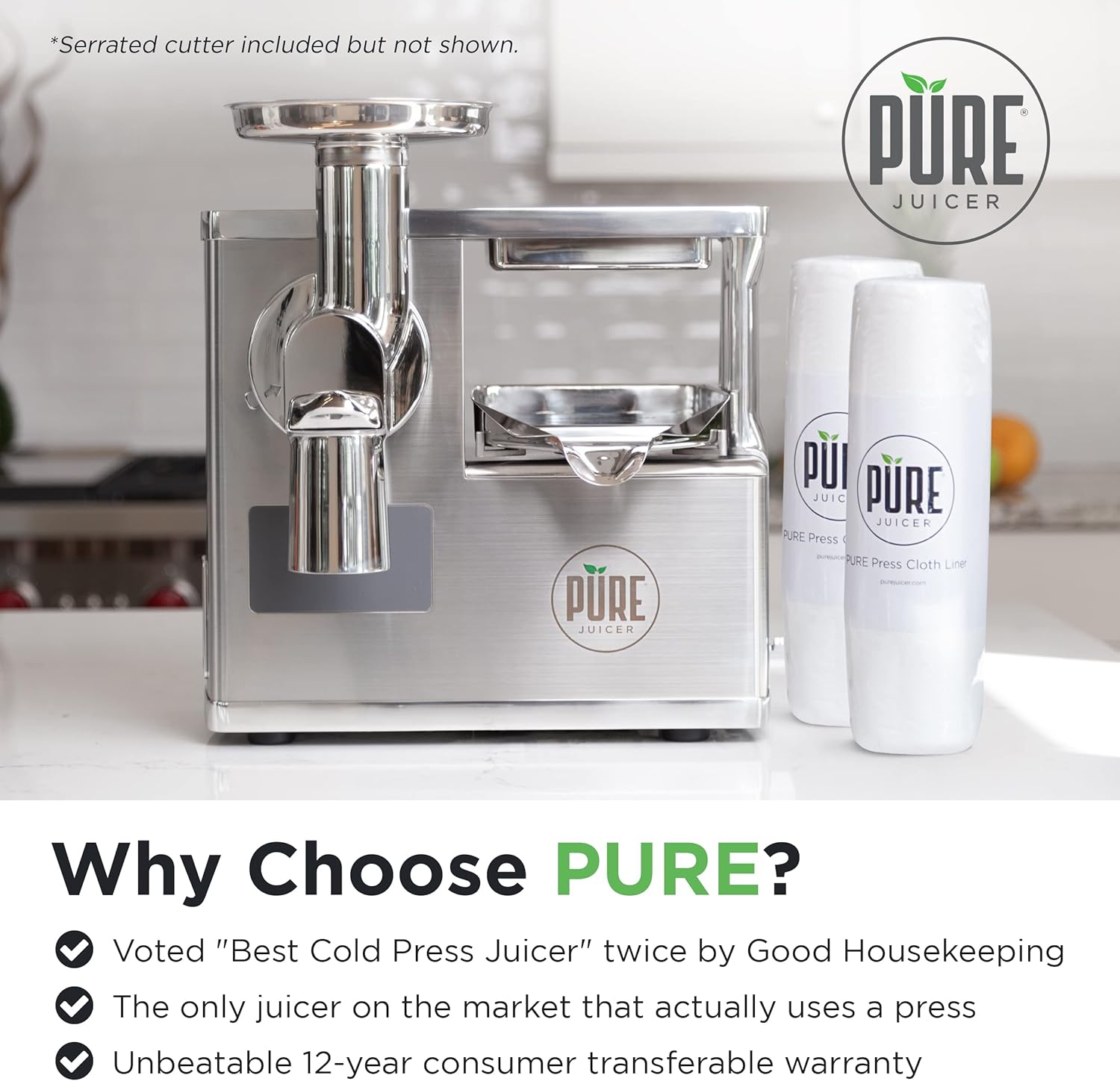 PURE Juicer Two-Stage Juicer - Premium Cold Press Juicing Machine - Solid Stainless Grinder and Hydraulic Press For Fruits, Vegetables, Nuts