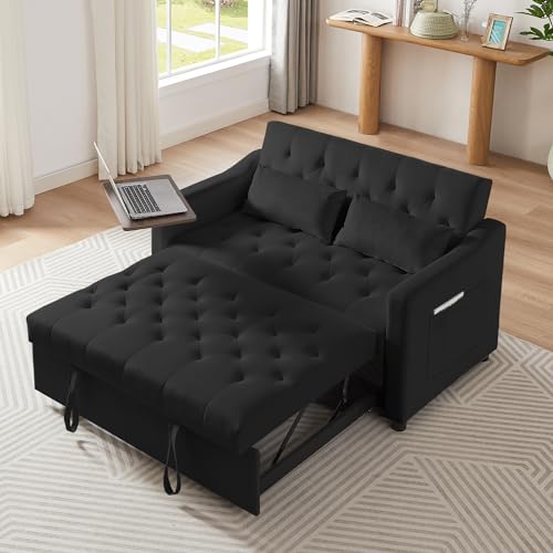3 in1 Multi-Function Loveseat Sleeper Sofa Bed with Storage Pockets, Velvet Convertible Chaise Lounge Sofa Bed, Pull-out Sofa Bed with Adjustable Backrest and Pillows (Pink)