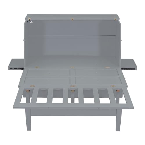 Queen Size Murphy Bed with USB Ports and Removable Shelves on Each Side, Wood Murphy Bed Wall Bed Folding Wall Bed for Home Office or Small Room, Gray