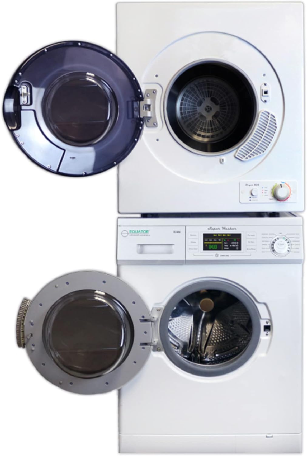Equator Stackable Laundry Center with Front Load Washer and Dryer Unit Including Customizable Cycles, Quiet Mode, and 180-Degree Swinging Doors White