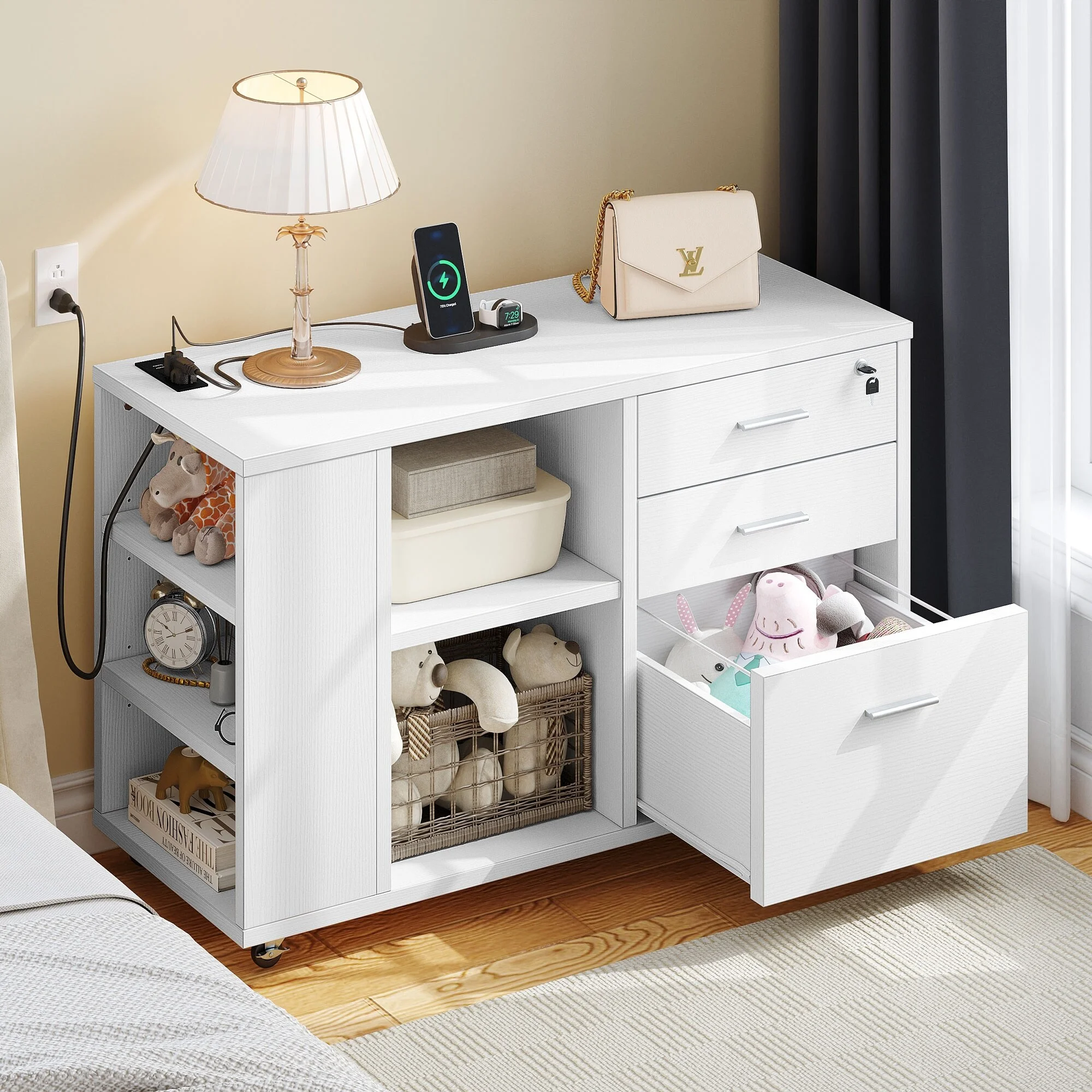 WedealFu Inc Wood File Cabinet with Charging Station Mobile Lateral Filing Cabinet Lockable Fits A4 Letter Legal Size Files White