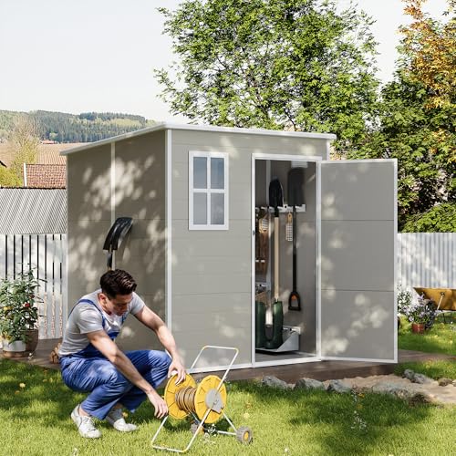 UDPATIO Outdoor Storage Shed 6 x 6 FT, Resin Garden Sheds with Floor Plastic Patio Outdoor Storage Shed with Lockable Door for Tool, Bike, Garbage Gray White