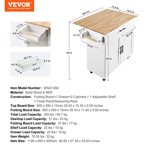 VEVOR Kitchen Island Cart with Solid Wood Top, 35.4" Width Mobile Carts with Storage Cabinet, Rolling Kitchen Table with Spice Rack, Towel Rack, and Drawer, Portable Islands on Wheels, White
