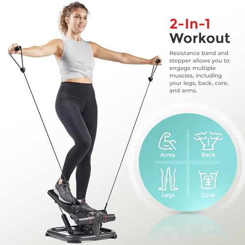 Sunny Health & Fitness 2-in-1 Premium Power Stepper with Resistance Bands, Low-Impact Cardio, Space-Saving, Height-Adjustable, and Optional SunnyFit® App Enhanced Bluetooth Connectivity