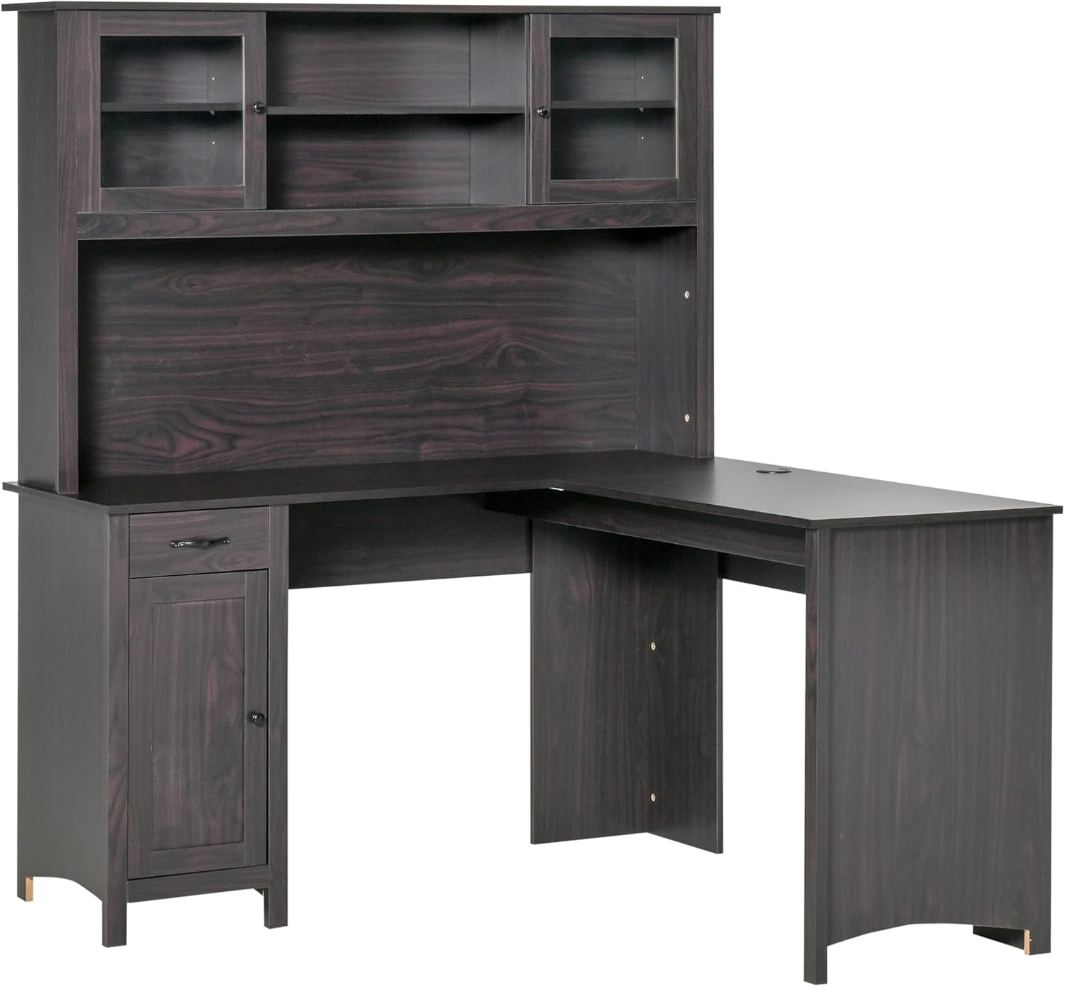 HOMCOM L-Shaped Desk with Hutch, Computer Desk with Drawers, Home Office Corner Desk Study Workstation Table with Storage Cabinets Shelves, Coffee