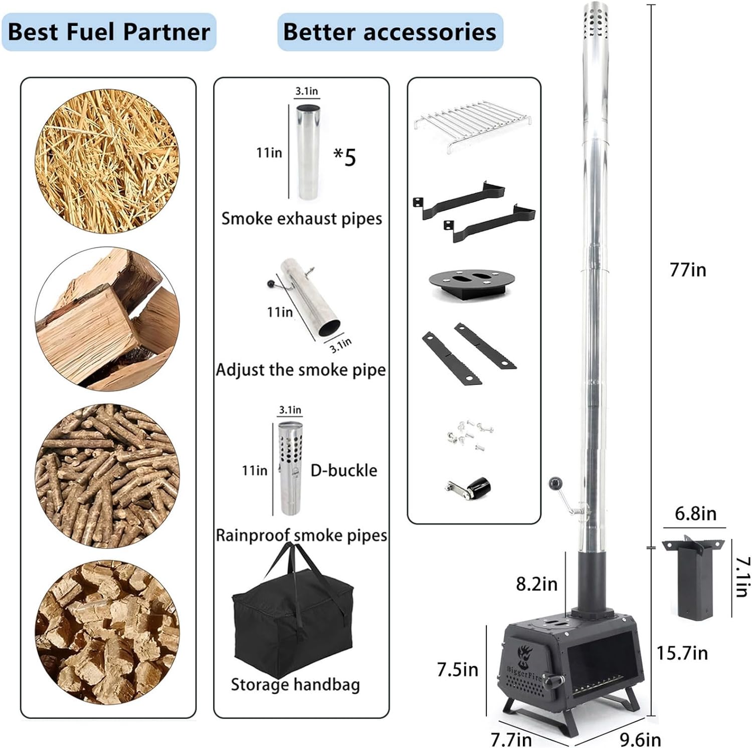 Wood Burning Stove with Fire Window,Portable Hot Tent Stove with 7 Sectional Chimney Pipes,Sturdy Camping Wood Stove with X-shaped Pot Holder for Outdoor Backpacking,Cookout,Hiking and Heating