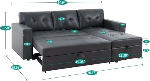 Naomi Home Jenny Sectional Sofa Sleeper with Storage Chaise, Tufted Pull Out Couch with Storage, L-Shaped Reversible Sleeper Sofa with Storage, Black,Air Leather