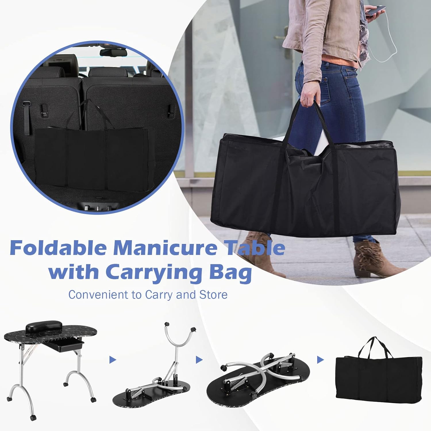 Giantex Portable Manicure Table, Foldable Nail Tech Table with Large Drawer, Wrist Rest, 4 Lockable Casters, Carrying Bag, Nail Salon Table Nail Desk Station for Technician, Black
