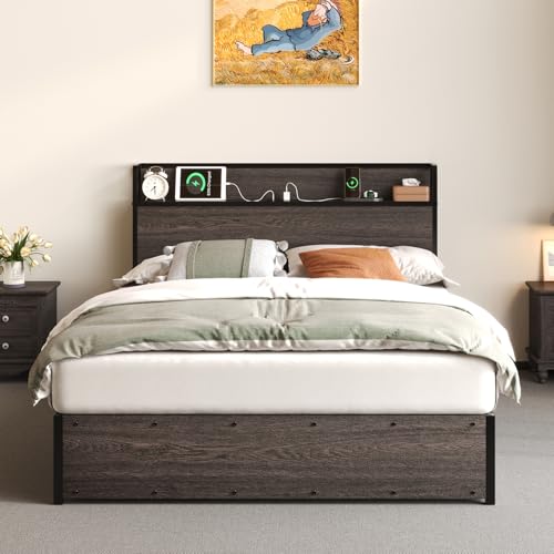 Albott Full Size Bed Frame with Lift Up Storage, Wooden Platform Bed Frame with Storage Headboard ＆ Charging Station, No Spring Box Needed/Noise Free, Rustic Brown