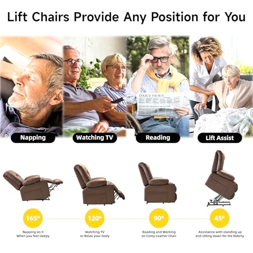 Large Power Lift Chairs Recliners for Elderly with Heated and Massage, Overstuffed Adjustable Lift Chairs, 3 Positions, Breathable Leather, USB-A and USB-C, Cup Holder, Side Pocket Dark Brown