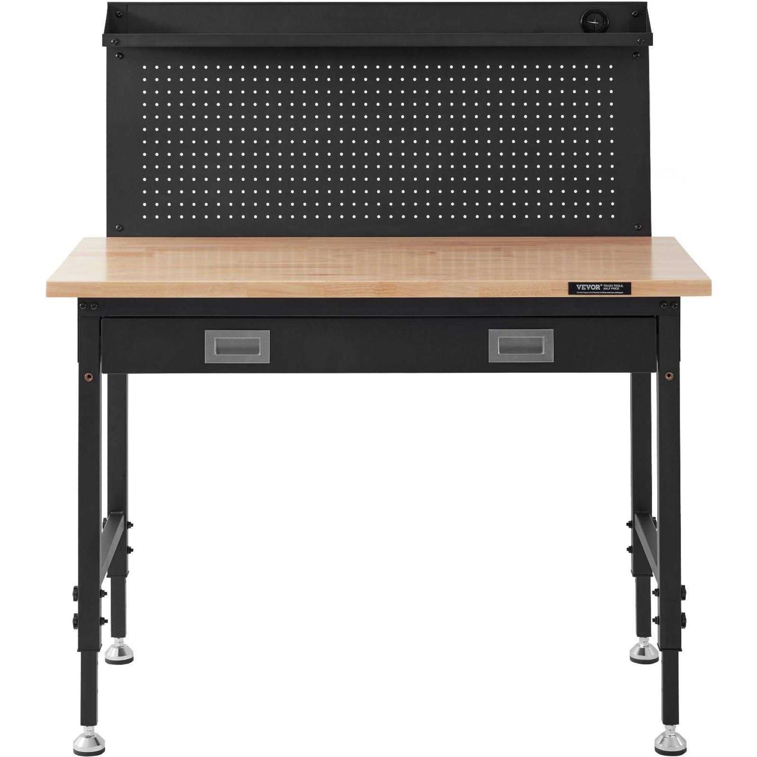 VEVOR Workbench Adjustable Height 28-39.5 Work Bench for Garage Oak Plank &amp; Carbon Steel Heavy Duty Workbench 2000lbs Weight Capacity Bench top - Shop Hardware Tools Online Store