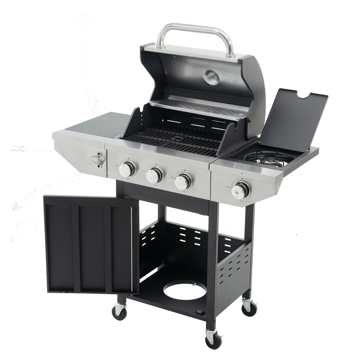 Highsound 3 Burner BBQ Propane Gas Grill with Side Burner, Stainless Steel 37,150 BTU Patio Garden Barbecue Grill with Thermometer, Black