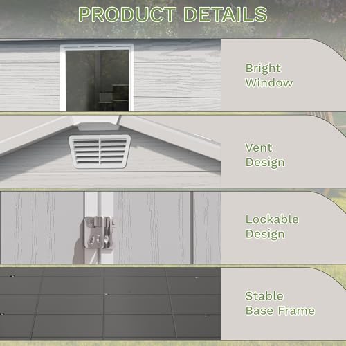 Greesum 6×8FT Plastic Outdoor Storage Shed with Floor, Resin Storaged Sheds with Lockable Double Door, Windows & Vents, All-Weather Tool Sheds for Garden, Backyard, Patio, Light Gray