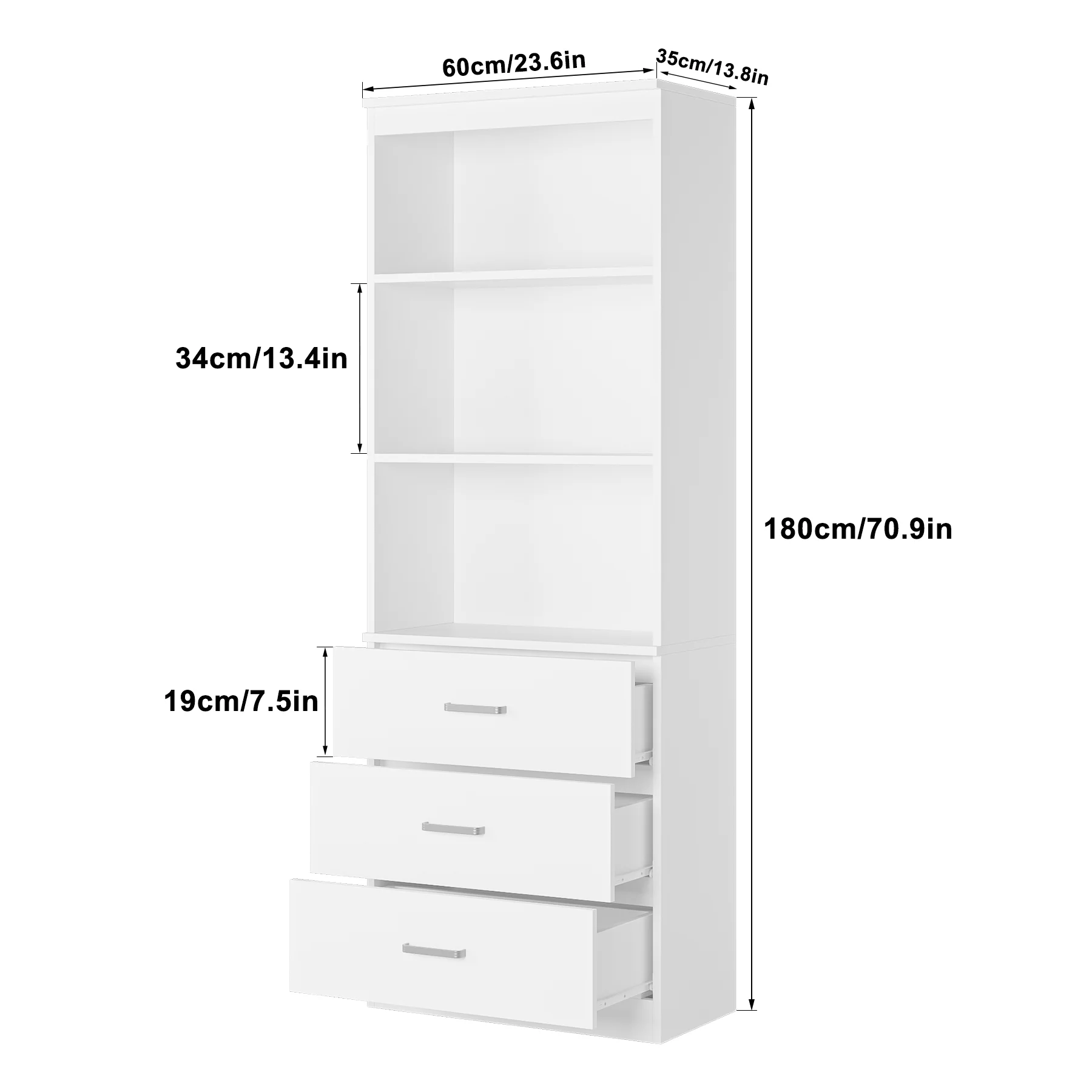 Homfa 71" Tall Bookcases with 3 Large Drawers, 3 Tier Wooden Storage Bookshelf for Living Room Home Office, White - Curated Treasures Market