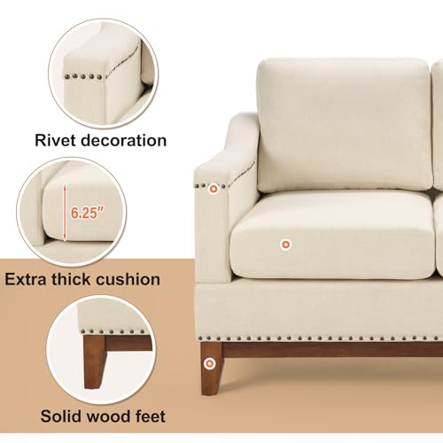Classic 3-Seater Upholstered Sofa with Nailhead Trim, High-Density Foam Cushions & Sturdy Solid Wood Legs, Soft Fabric Couch for Living Room, Beige