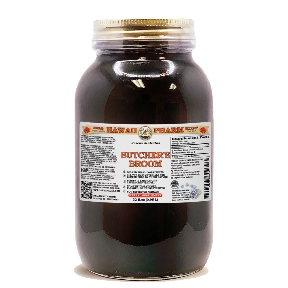 Butcher's Broom (Ruscus Aculeatus) Dry Root Liquid Extract. Expertly Extracted by Trusted HawaiiPharm Brand. Absolutely Natural. Proudly made in USA. Tincture 32 Fl.Oz