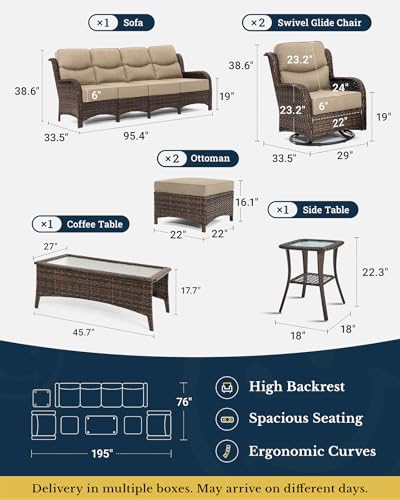 Luxury Patio Furniture Set with 6-inch Thick Cushion, Outdoor Couch and High Back Swivel Rocker Patio Chairs, 7PCS Wicker Conversation Set for Deck, Yard, and Poolside in Blue (V2)