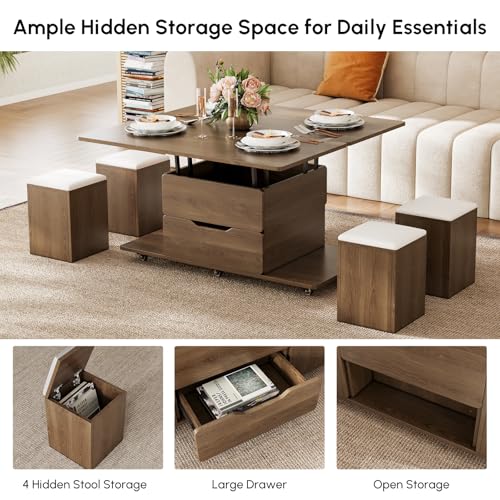 homary Black Lift-Top Coffee Table with Hidden Storage, 3-in-1 Modern Folding Center Table with 4 Stools, Casters, and Lockable Wheels – Convertible Dining & Office Table for Living Room
