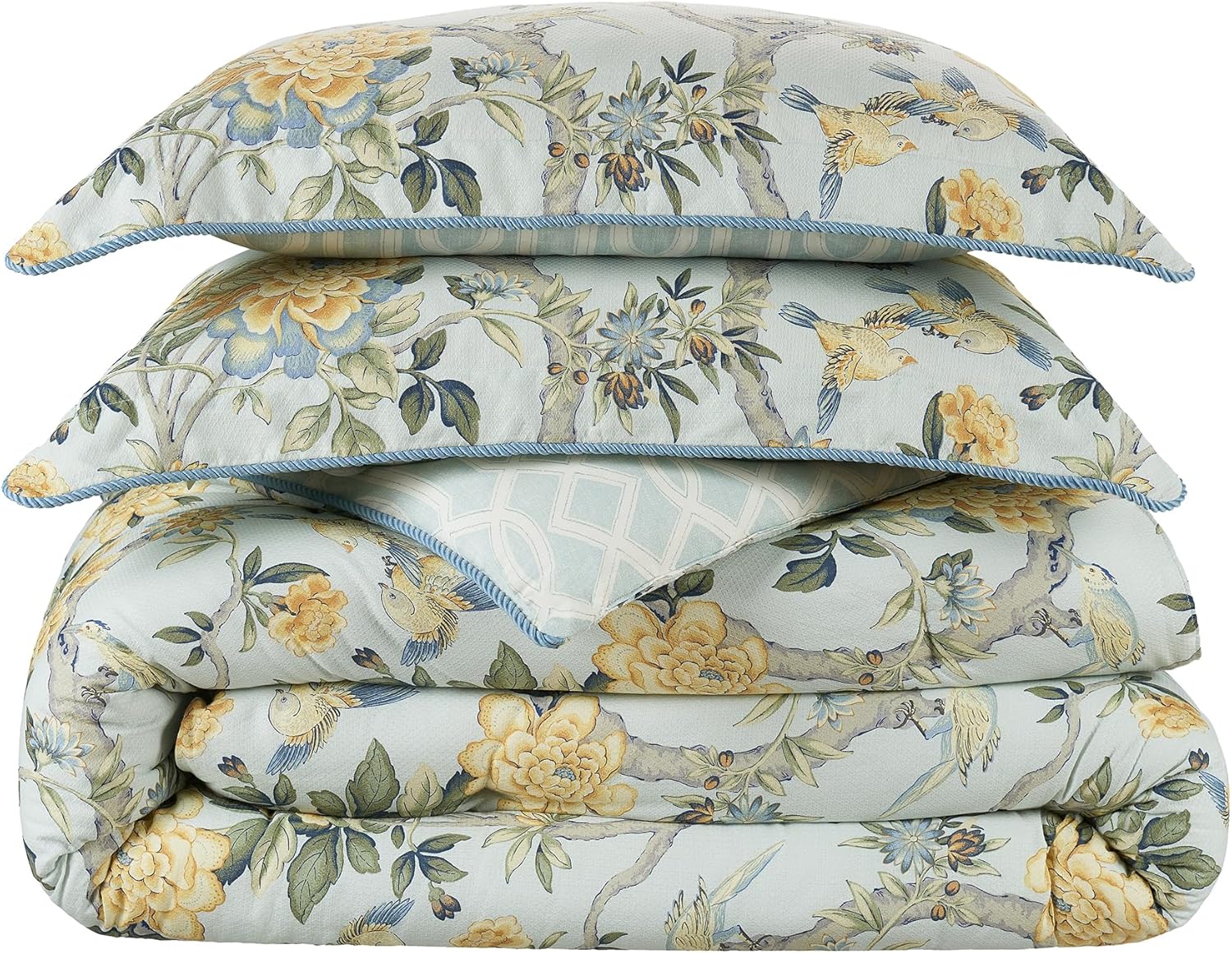 Waverly Peony Gardens 4 Piece Cotton Comforter Set, Embellished All Season Bedding, includes One Comforter, One Bed Skirt and Two Pillow Shams, Machine Washable Queen Bed Set, Blue