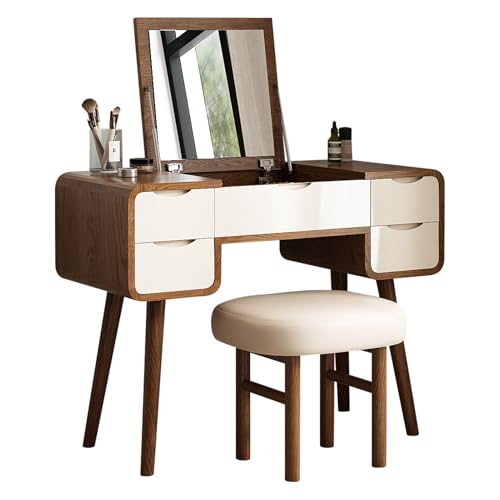 Lartis Flip Top Vanity Table Stylish Makeup Vanity with Stool, Makeup Vanity Desk, Reversible Makeup Mirror, Hidden Storage Compartment,Very Easy to Assemble,Can be Used as a Desk