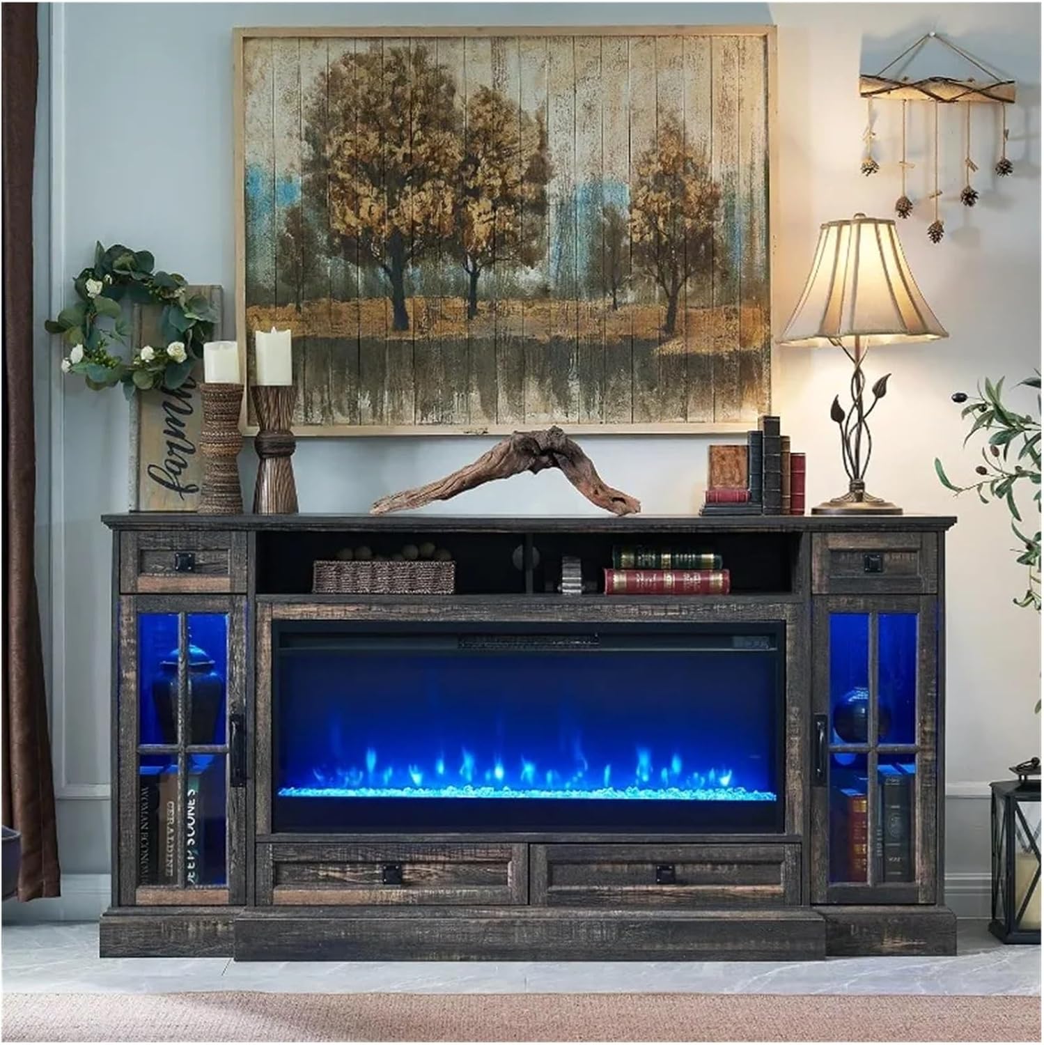 Tv cabinet, TV stand with 42 inch fireplace, entertainment center with LED lights, media console with 80 inch fireplace TV stand