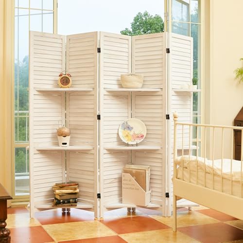 Room Divider with Shelves, 5.6 Ft Tall Folding Wood Screen with Double Hinges for Home Office Bedroom Hotel Decoration (6 Panels, Brown)
