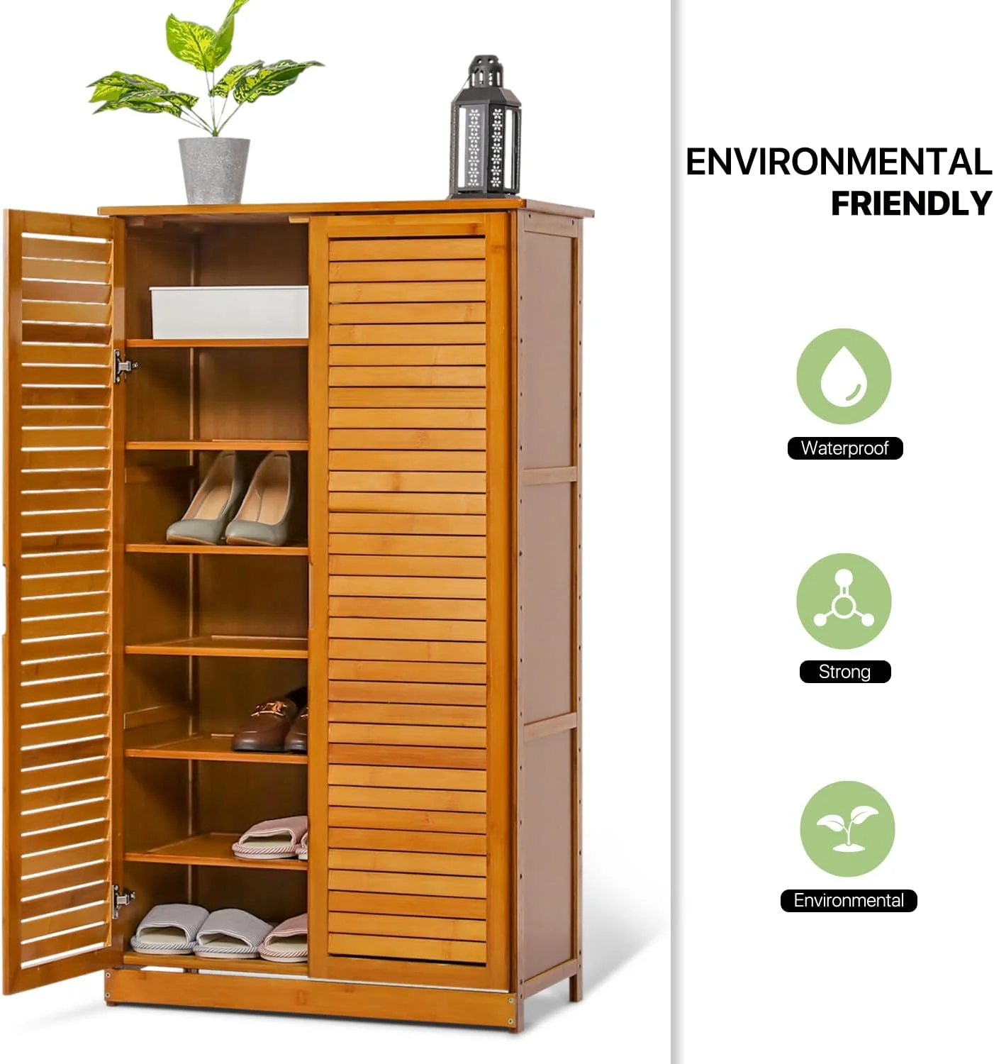 Tall Bamboo Shoe Storage Cabinet With Double Shutter Doors - Shelf Stand Organizer For Narrow Closet, Hallway, Living Room - Entryway standing Shoe Cabinet Organizer Storage Rack (Brown)
