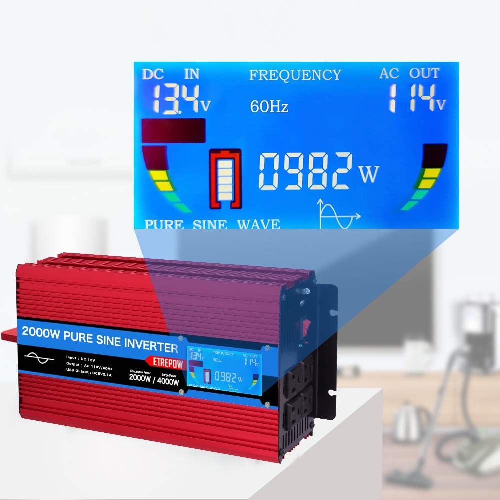 ETREPOW 3000 Watt Pure Sine Wave Inverter 12V to 110V 120V with LCD Display, 4 AC Sockets, 2.1A USB Port, Dual Fans and Wireless Remote Control-Off-Grid Inverter for RV, Automotive 6000W Peak