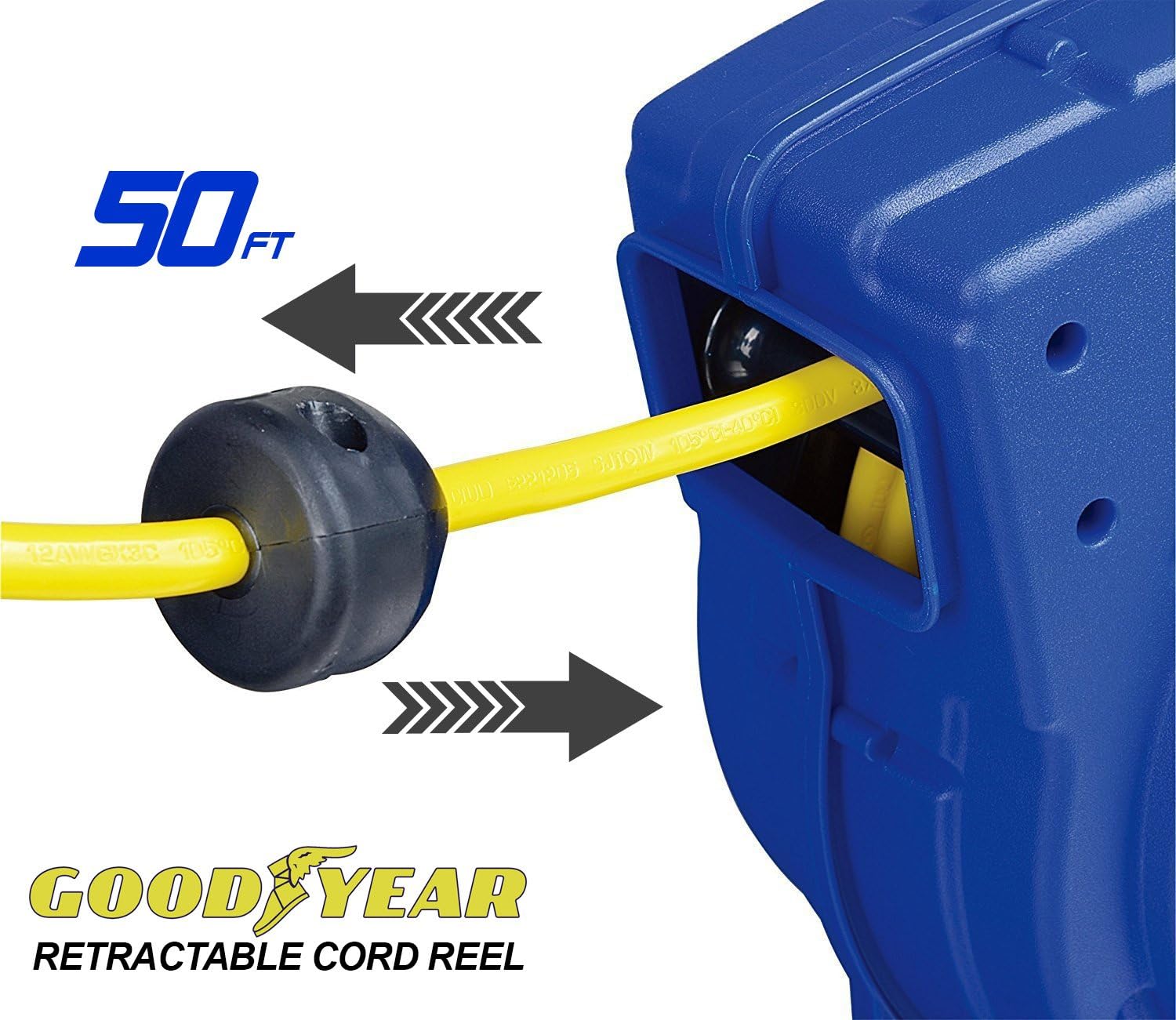 Goodyear Extension Cord Reel Retractable 16AWG x 50' Foot 3C/SJTOW Commercial Cable LED Triple Tap Connector Power 7.5A 125VAC 938W