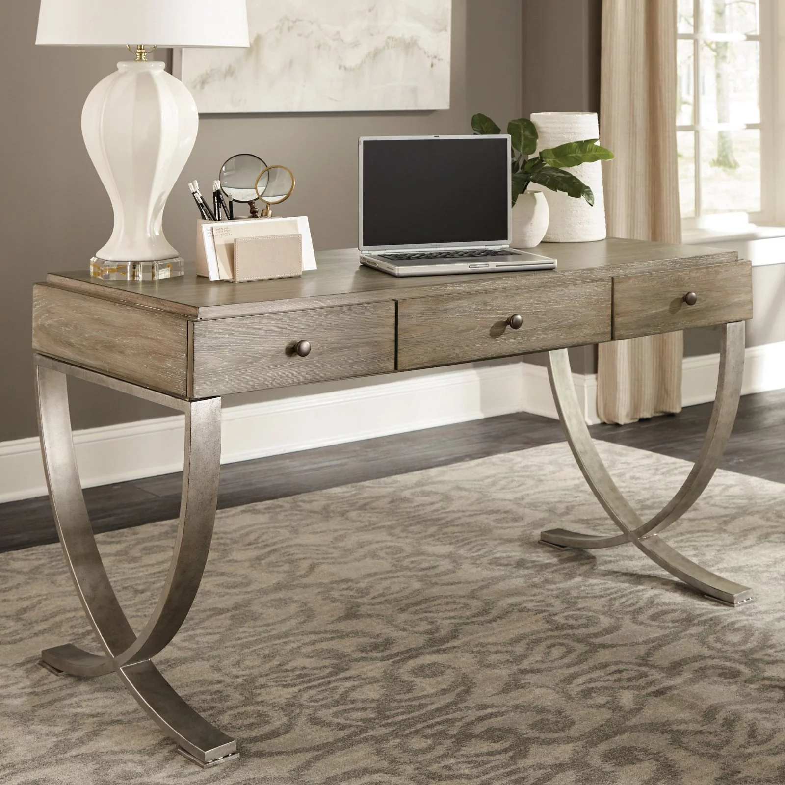 Riverside Furniture Sophie Wood and Metal Writing Desk in Natural