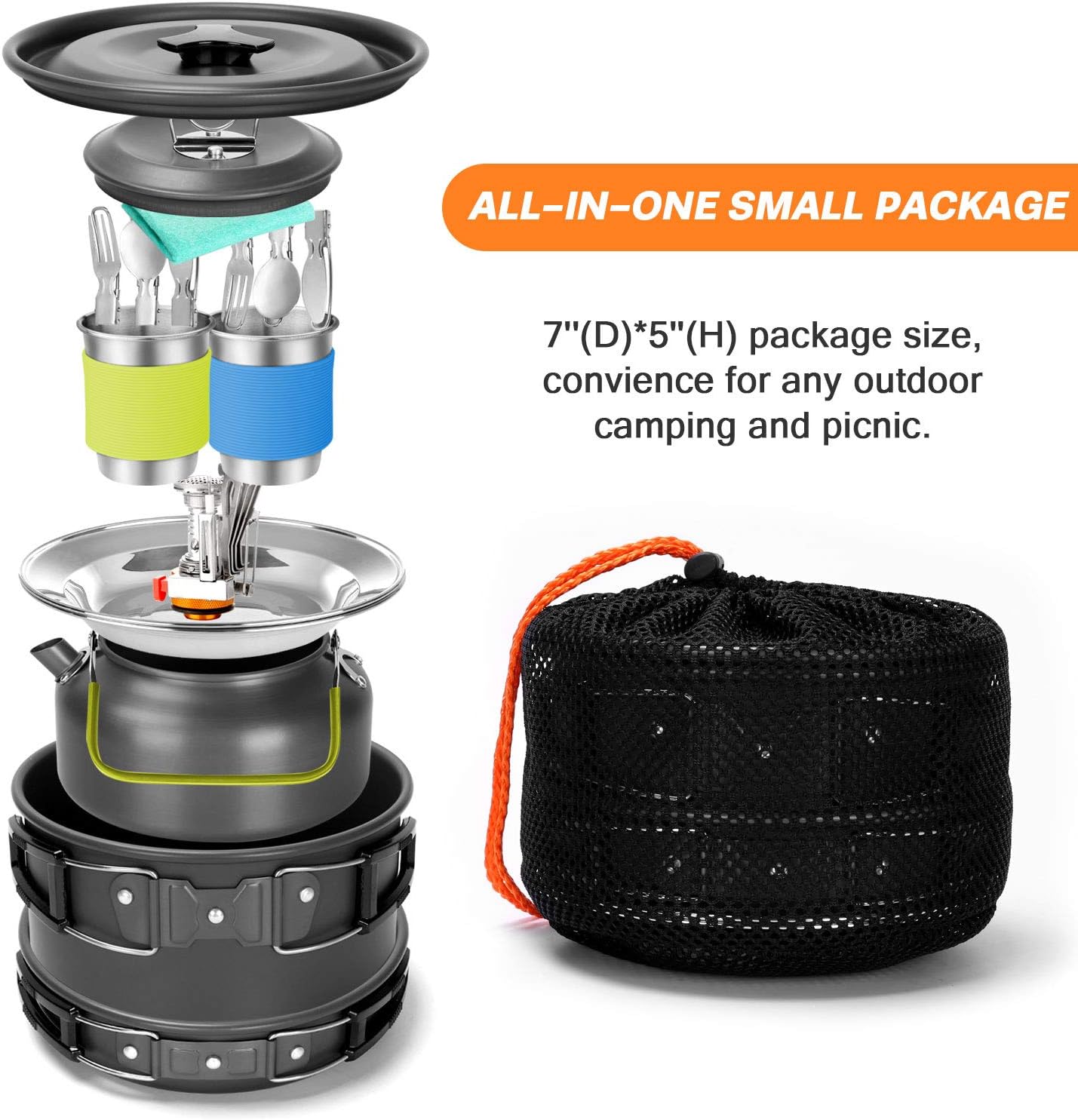 Odoland 16pcs Camping Cookware Set with Folding Camping Stove, Non-Stick Lightweight Pot Pan Kettle Set with Stainless Steel Cups Plates Forks Knives Spoons for Camping Backpacking Outdoor Picnic