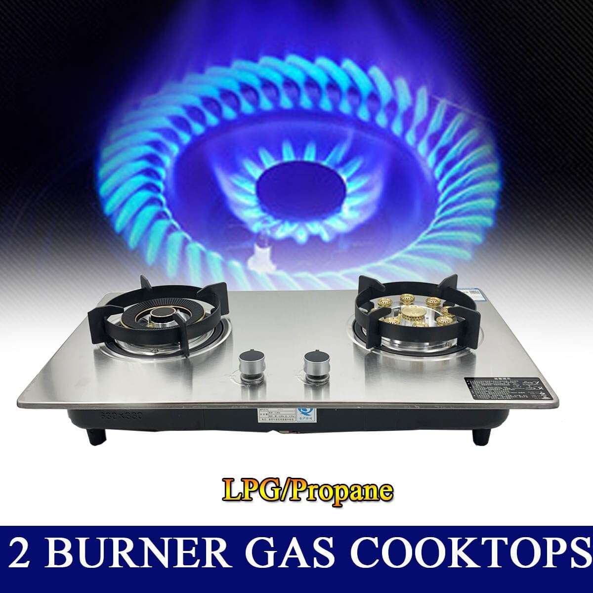 28 inch 2 Burners Cooktop, Built-in Stainless Steel StoveTop LPG Gas Hob with Thermocouple Protection for Outdoor, Kitchen, Camping, RV