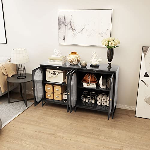 Accent Storage Cabinet, Modern Sideboard Buffet Cabinet with Glass Doors and Adjustable Shelves, Freestanding Cabinet for Living Room, Kitchen, Entryway, Dining Room (Natural)