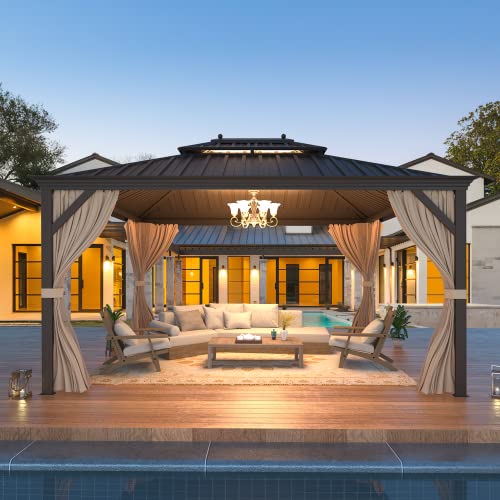 EROMMY 14'x20' Hardtop Gazebo Double Roof Galvanized Steel Canopy Outdoor Aluminum Frame Permanent Metal Pavilion with Netting and Curtains for Patio Backyard Deck and Lawns