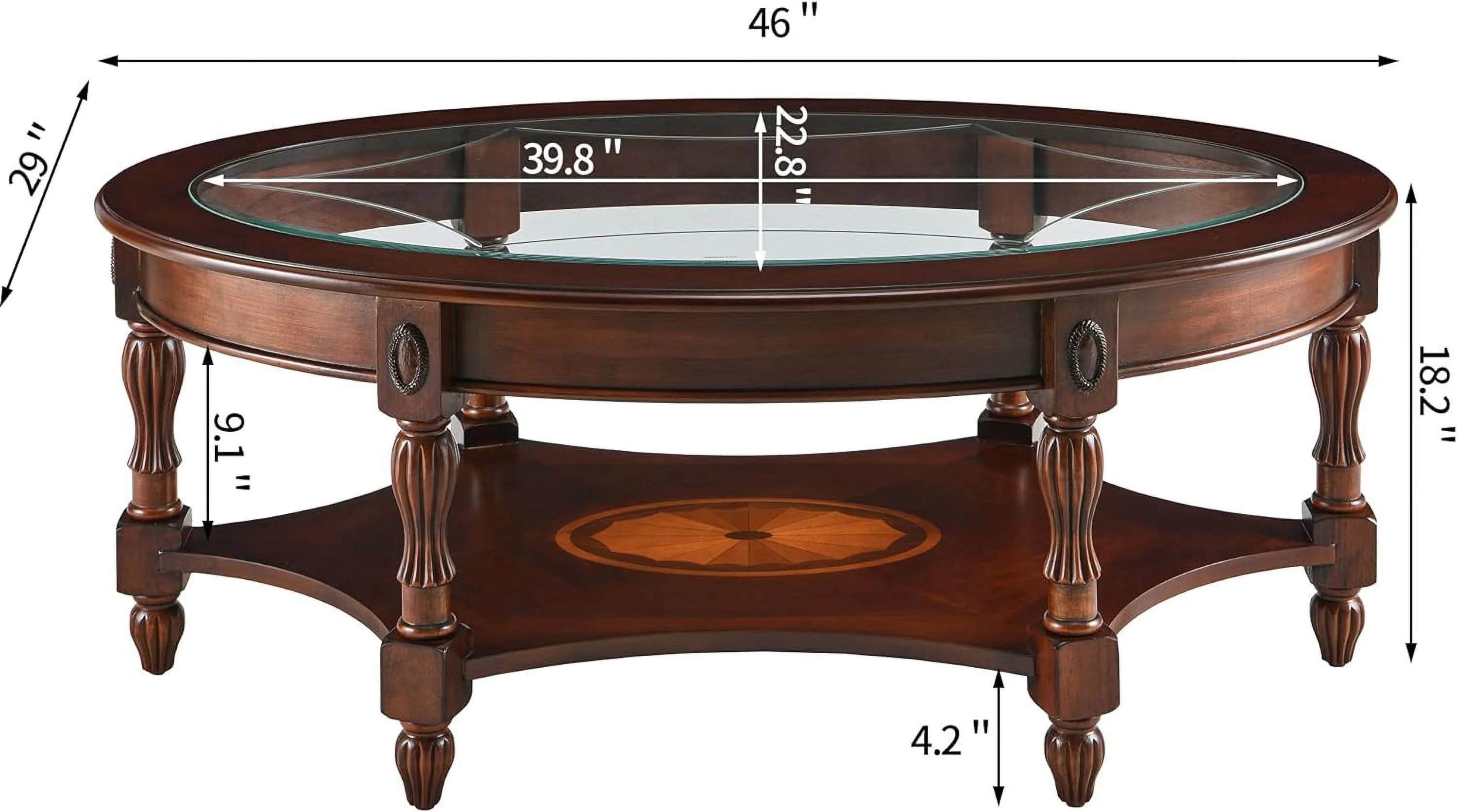 Oval Coffee Tables For Living Room, Solid Wood Coffee Table With Glass Top, Vintage Cocktail Table, 46"X29"X18.2", Easy Assemble, Cherry Walnut, KFZ-1533-GT