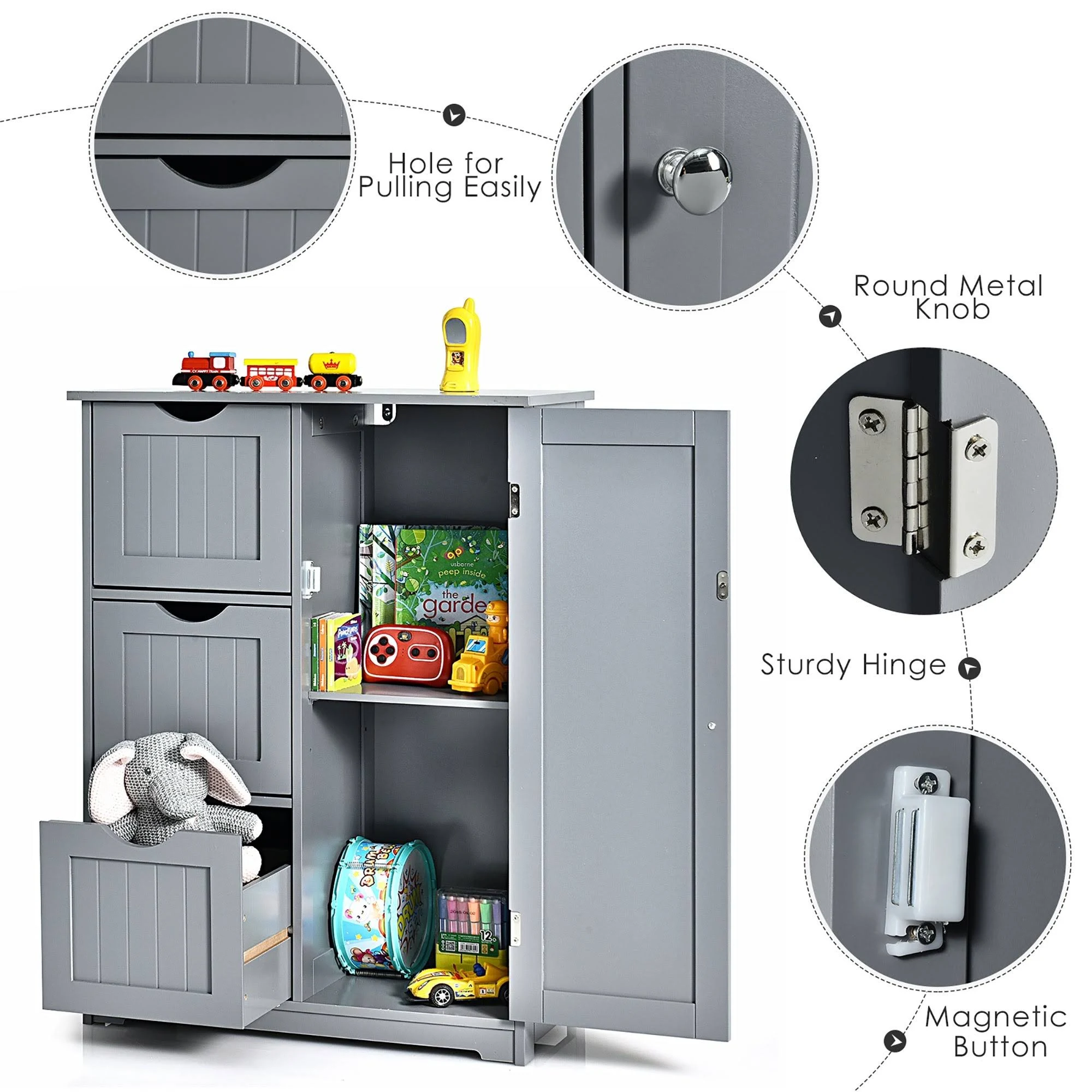 Bathroom Floor Cabinet Wooden with 1 Cupboard and 3 Drawers - Grey